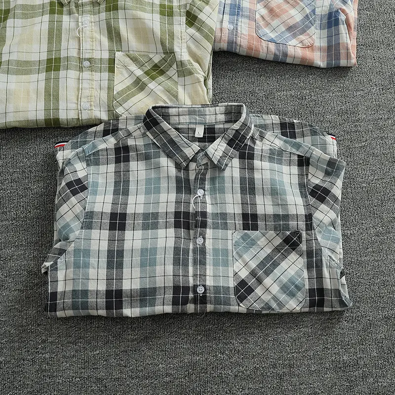 Spring Autumn New Japanese Retro Long-Sleeve Lapel Plaid Shirt Men's Simple 50% Cotton Washed Single Pocket Casual Youth Blouses