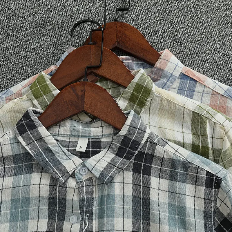 Spring Autumn New Japanese Retro Long-Sleeve Lapel Plaid Shirt Men's Simple 50% Cotton Washed Single Pocket Casual Youth Blouses