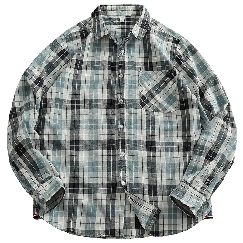 Spring Autumn New Japanese Retro Long-Sleeve Lapel Plaid Shirt Men's Simple 50% Cotton Washed Single Pocket Casual Youth Blouses