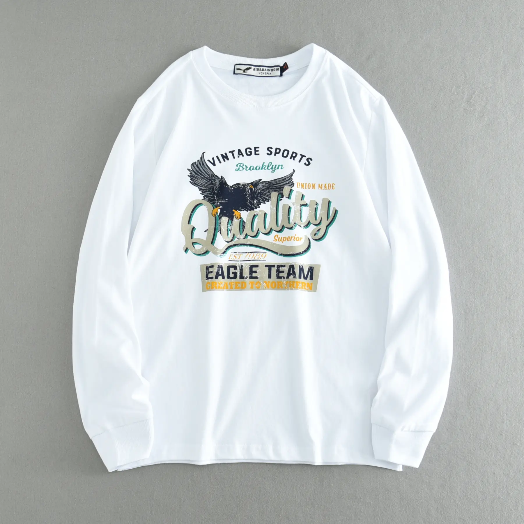 Autumn New American Retro Long Sleeve O-neck Letter Eagle Printed T-shirt Men's Fashion 100% Cotton Washed Casual Sport Tops