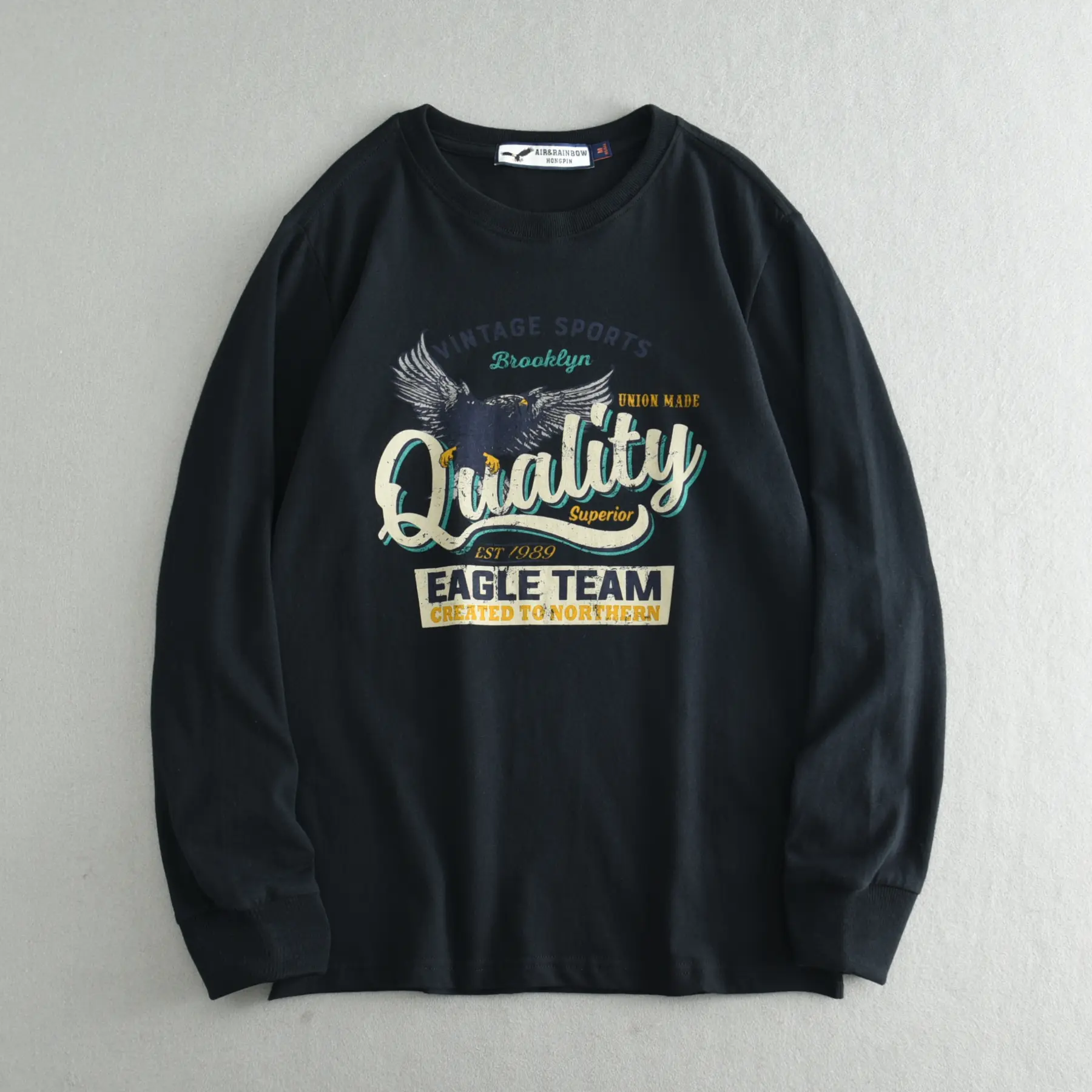 Autumn New American Retro Long Sleeve O-neck Letter Eagle Printed T-shirt Men's Fashion 100% Cotton Washed Casual Sport Tops