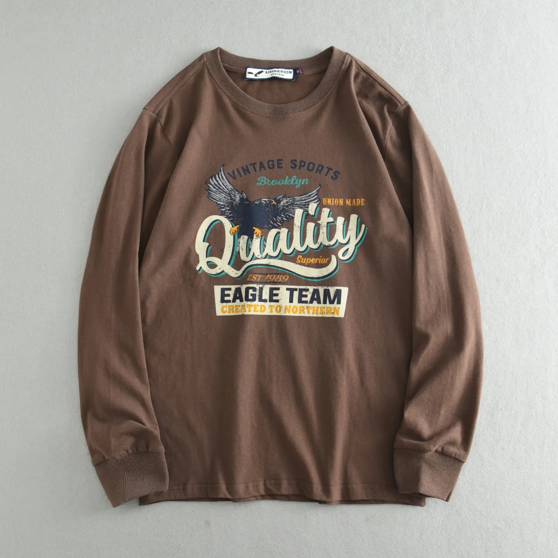 Autumn New American Retro Long Sleeve O-neck Letter Eagle Printed T-shirt Men's Fashion 100% Cotton Washed Casual Sport Tops