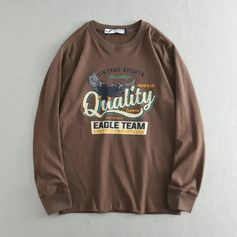 Autumn New American Retro Long Sleeve O-neck Letter Eagle Printed T-shirt Men's Fashion 100% Cotton Washed Casual Sport Tops