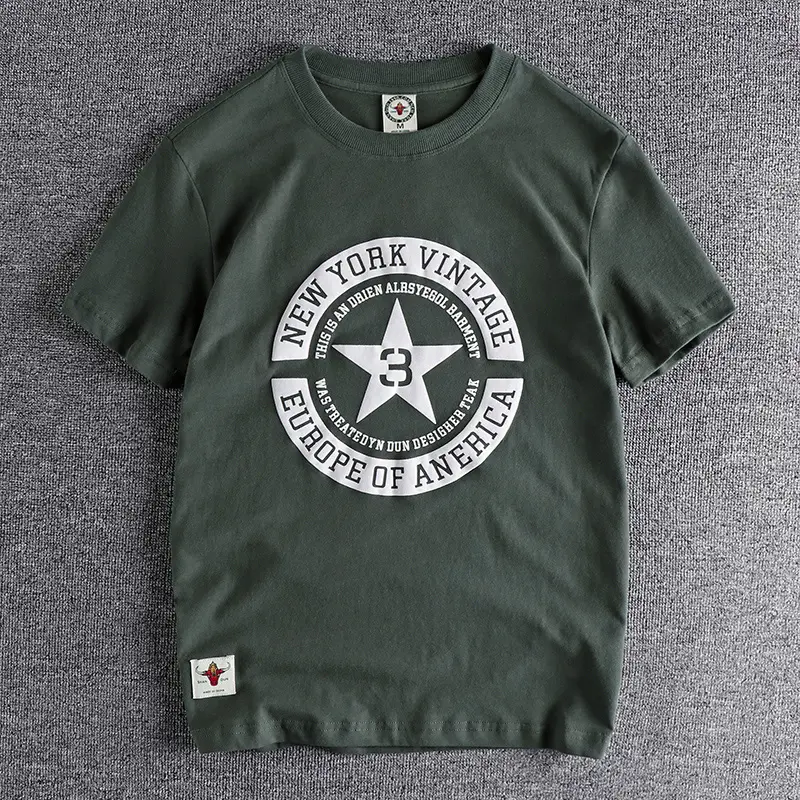 Summer New American Retro Short Sleeve O-neck Pentagram Letters Printed T-shirt Men's Fashion 100% Cotton Washed Old Casual Tops