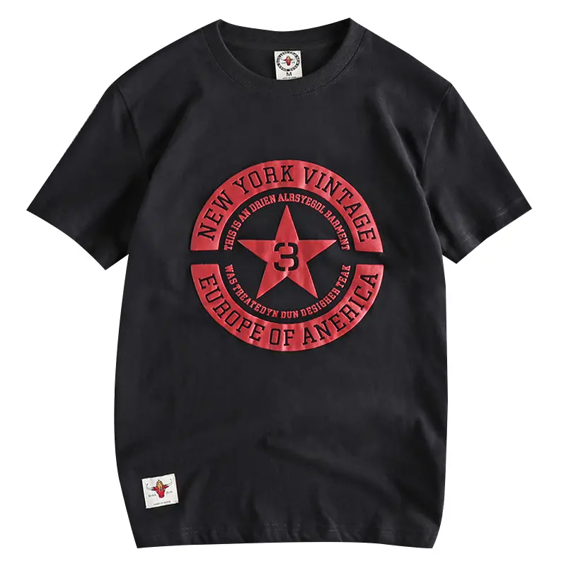 Summer New American Retro Short Sleeve O-neck Pentagram Letters Printed T-shirt Men's Fashion 100% Cotton Washed Old Casual Tops