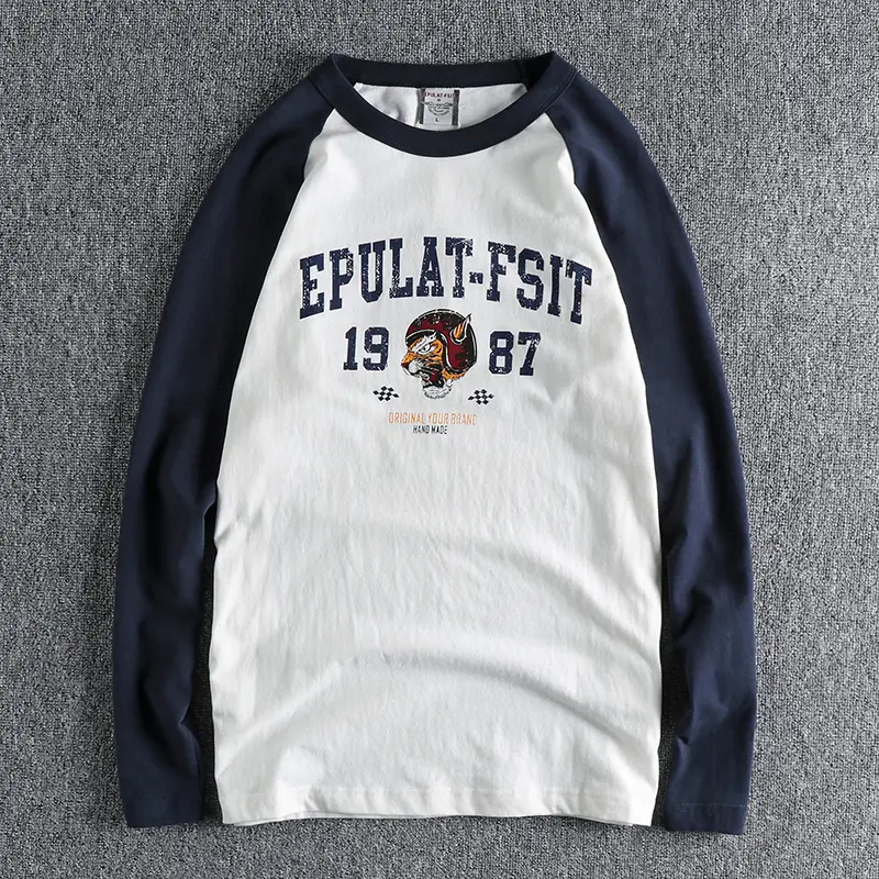 Autumn American Retro Long Sleeve O-neck Locomotive Printed T-shirt Men's Fashion 100% Cotton Wash Contrast Splicing Casual Tops