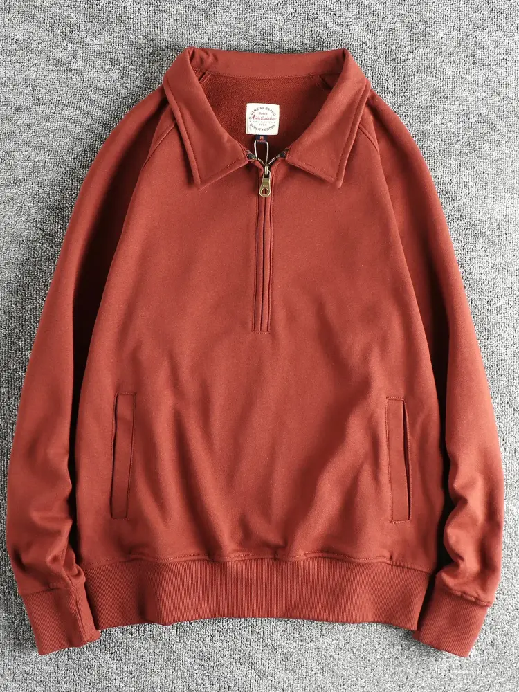 2024 Autumn New American Retro Long Sleeve Lapel Solid Color Sweatshirt Men's Simple Washed Pullover Casual Terry Cloth Coat