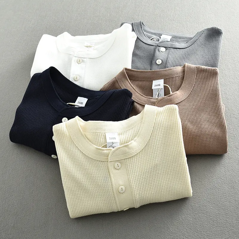 2302# Summer New American Retro Waffle Henry Collar T-shirt Men's Fashion Simple Washed Short Sleeve Casual Loose Sport Tops