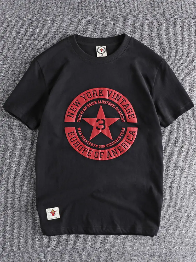 Summer New American Retro Short Sleeve O-neck Pentagram Letters Printed T-shirt Men's Fashion 100% Cotton Washed Old Casual Tops