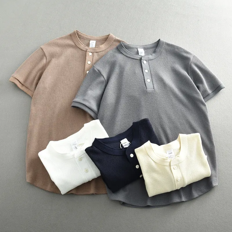 2302# Summer New American Retro Waffle Henry Collar T-shirt Men's Fashion Simple Washed Short Sleeve Casual Loose Sport Tops