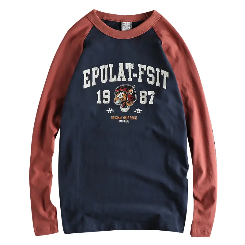 Autumn American Retro Long Sleeve O-neck Locomotive Printed T-shirt Men's Fashion 100% Cotton Wash Contrast Splicing Casual Tops