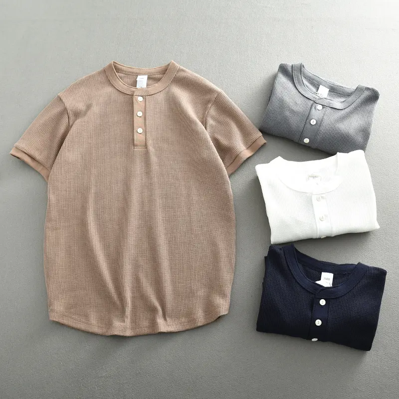2302# Summer New American Retro Waffle Henry Collar T-shirt Men's Fashion Simple Washed Short Sleeve Casual Loose Sport Tops