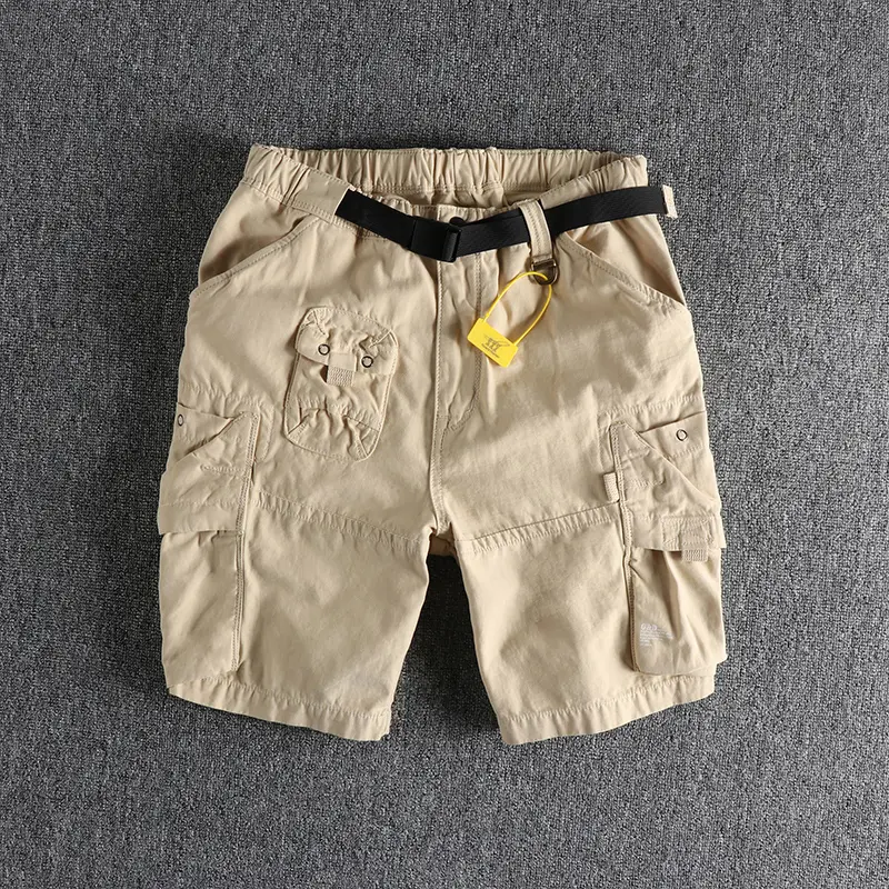 Summer New American Retro Cityboy Outdoor Cargo Shorts Men's Pure Cotton Washed Casual Multi-pocket 5-point Trousers with Belt