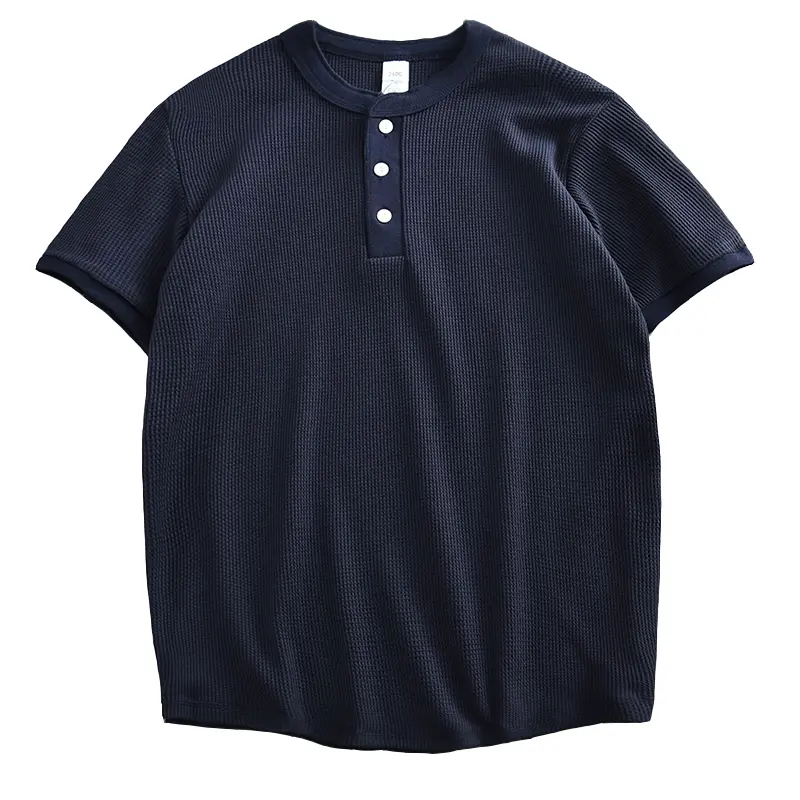 2302# Summer New American Retro Waffle Henry Collar T-shirt Men's Fashion Simple Washed Short Sleeve Casual Loose Sport Tops