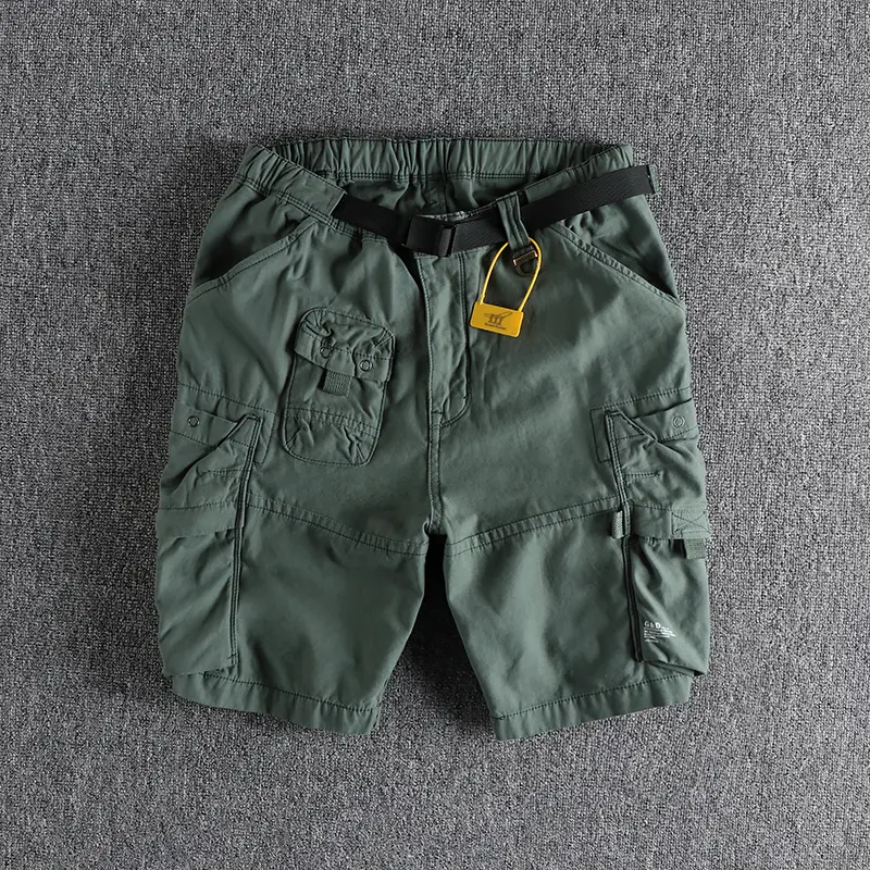 Summer New American Retro Cityboy Outdoor Cargo Shorts Men's Pure Cotton Washed Casual Multi-pocket 5-point Trousers with Belt