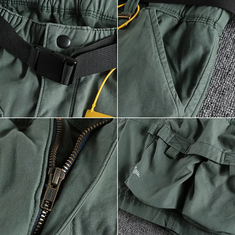 Summer New American Retro Cityboy Outdoor Cargo Shorts Men's Pure Cotton Washed Casual Multi-pocket 5-point Trousers with Belt