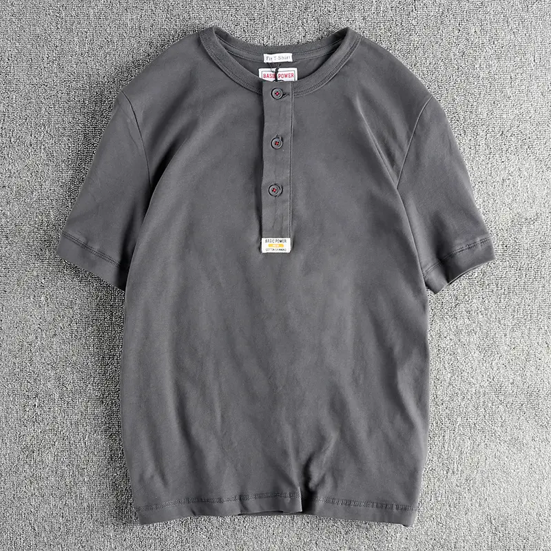 Summer New American Retro Short Sleeve Henry Collar Solid Color T-shirt Men's Simple 100% Cotton Washed Casual Tough Guy Tops