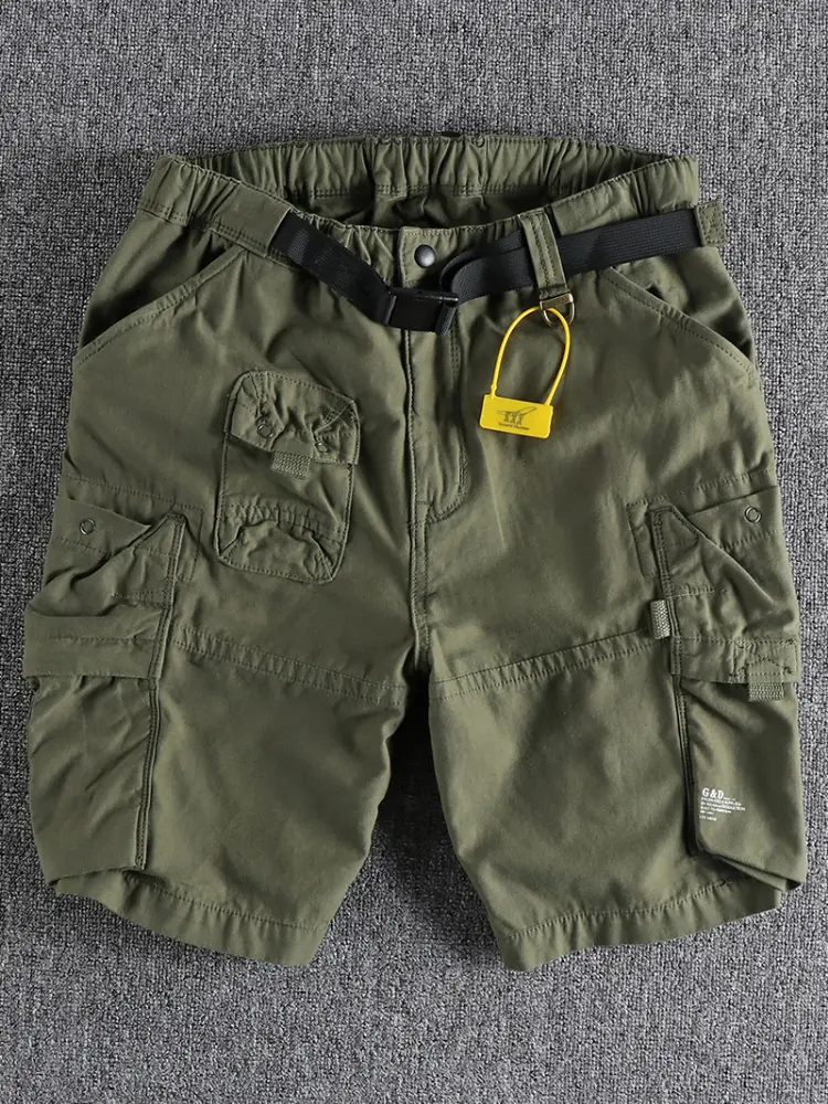 Summer New American Retro Cityboy Outdoor Cargo Shorts Men's Pure Cotton Washed Casual Multi-pocket 5-point Trousers with Belt