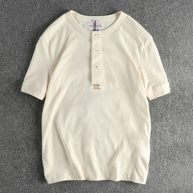 Summer New American Retro Short Sleeve Henry Collar Solid Color T-shirt Men's Simple 100% Cotton Washed Casual Tough Guy Tops
