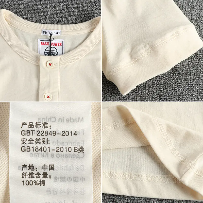 Summer New American Retro Short Sleeve Henry Collar Solid Color T-shirt Men's Simple 100% Cotton Washed Casual Tough Guy Tops
