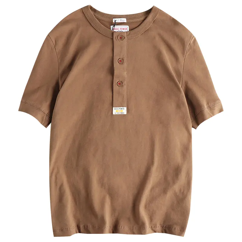 Summer New American Retro Short Sleeve Henry Collar Solid Color T-shirt Men's Simple 100% Cotton Washed Casual Tough Guy Tops