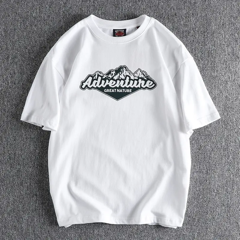 Summer American Retro Short-sleeved O-neck Outdoor Element Printed T-shirt Men's Fashion 100% Cotton Washed Casual Loose Tops