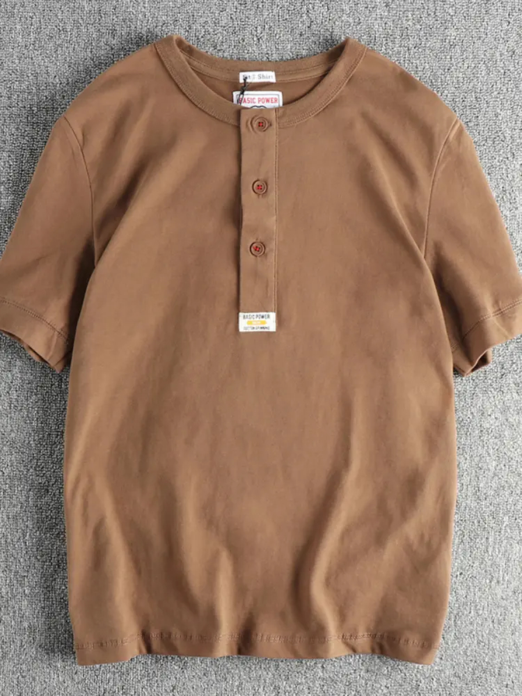 Summer New American Retro Short Sleeve Henry Collar Solid Color T-shirt Men's Simple 100% Cotton Washed Casual Tough Guy Tops