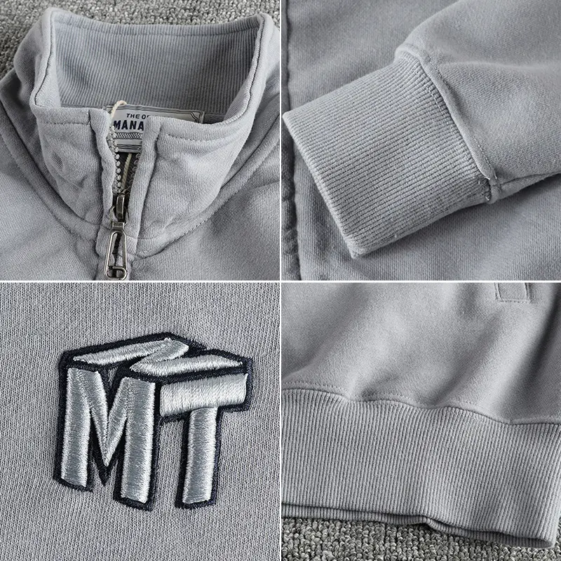Autumn New American Retro Long Sleeve Stand Collar Embroidery Sweatshirt Men's Simple Washed Cardigan Casual Terry Cloth Coat