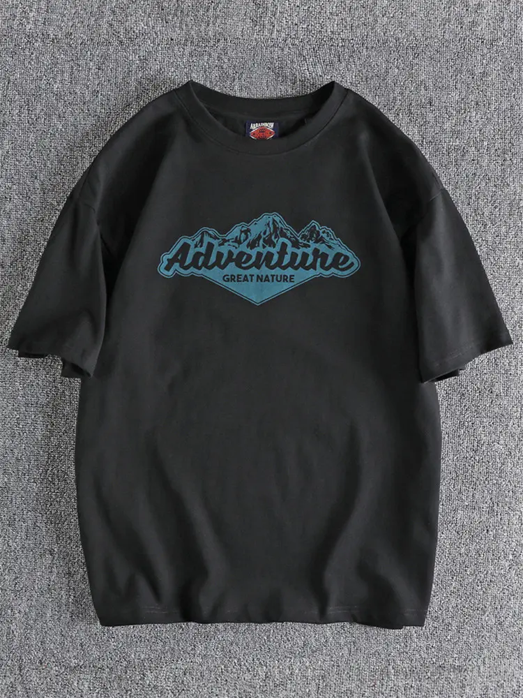 Summer American Retro Short-sleeved O-neck Outdoor Element Printed T-shirt Men's Fashion 100% Cotton Washed Casual Loose Tops