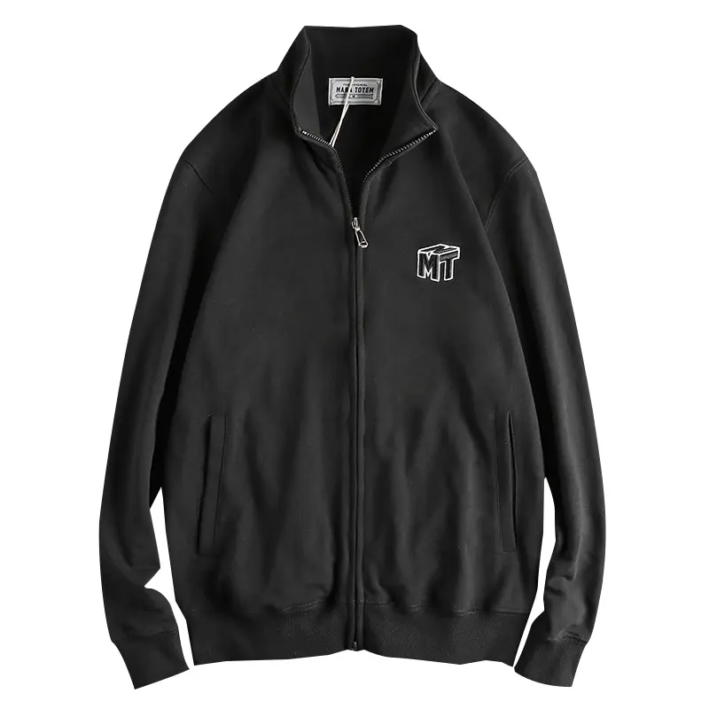 Autumn New American Retro Long Sleeve Stand Collar Embroidery Sweatshirt Men's Simple Washed Cardigan Casual Terry Cloth Coat