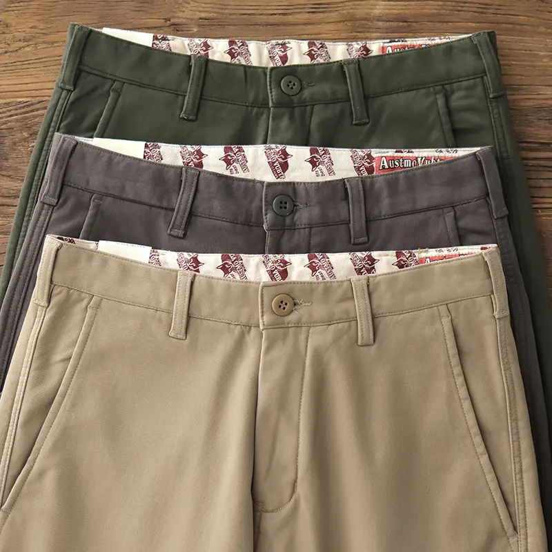 2024 Winter American Retro Woven Twill Thickened Cargo Pants with Velvet Men's Simple 97% Cotton Casual Slim Straight Trousers