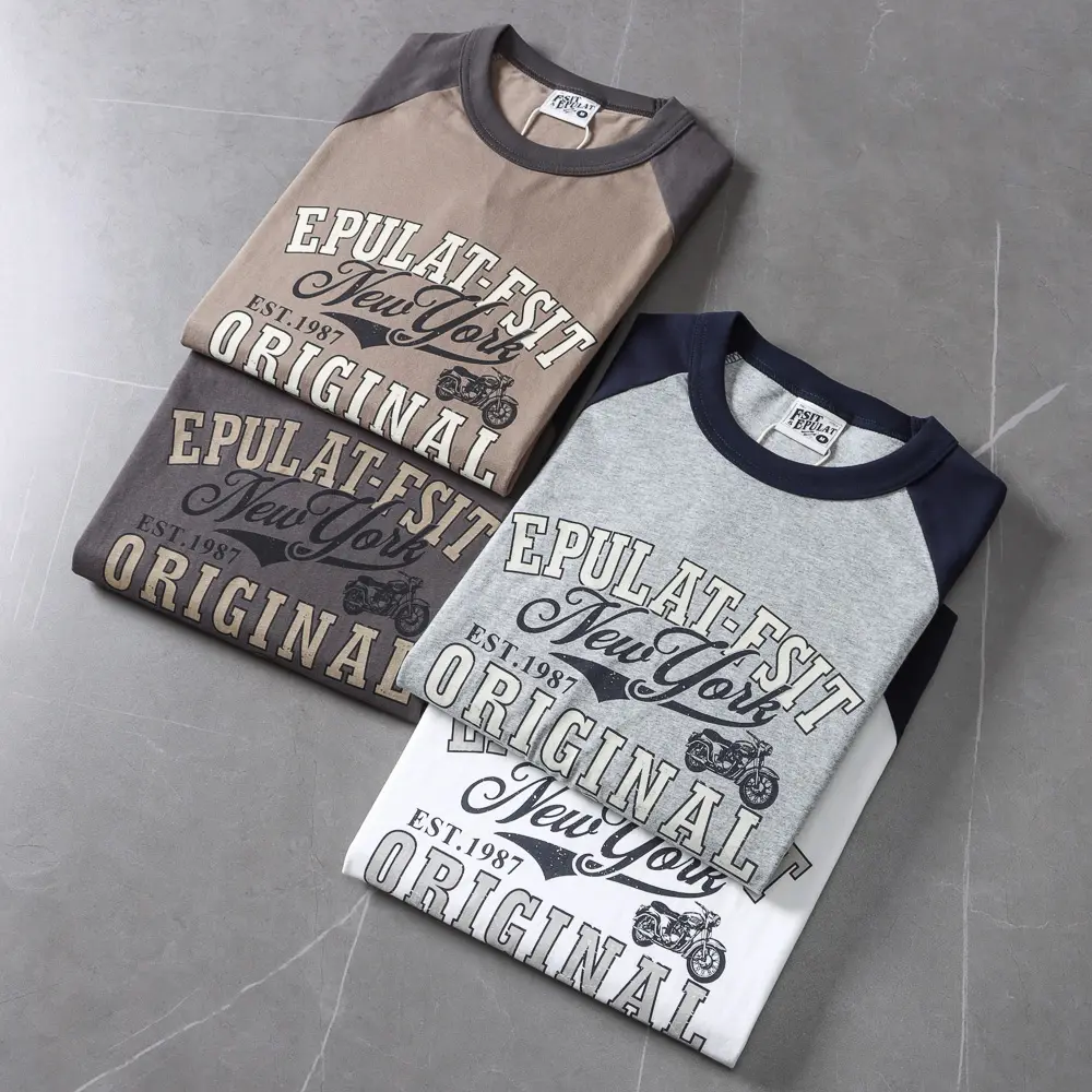 Autumn New American Retro Long Sleeve O-neck Letter Motorcycle Print T-shirt Men's Fashion 100% Cotton Washed Casual Sport Tops