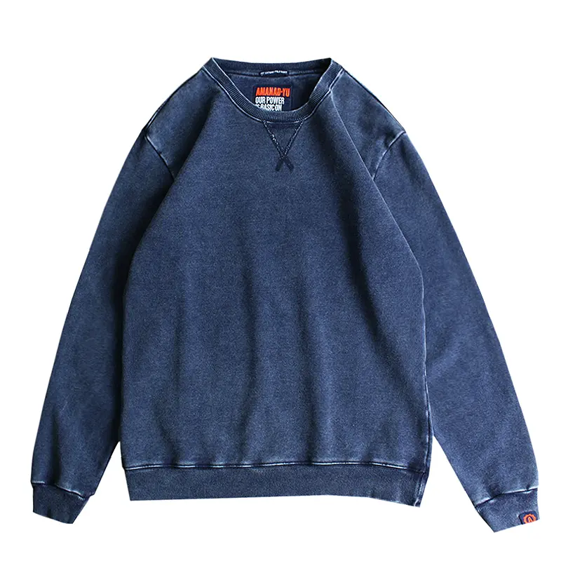 Autumn New American Retro O-neck Hoodies Men's Fashion Pure Cotton Washed Old Knitted Denim Terry Casual Pullover Sweatshirts