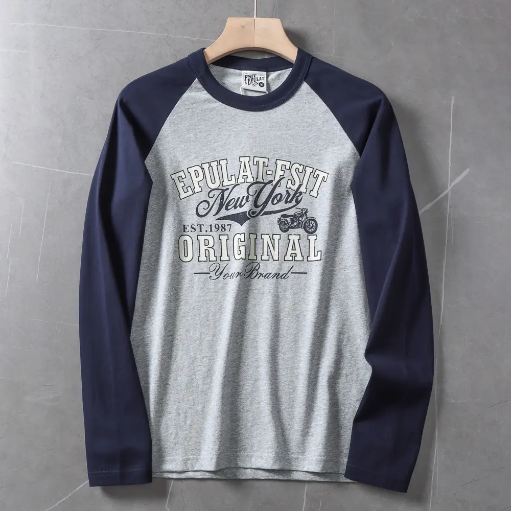 Autumn New American Retro Long Sleeve O-neck Letter Motorcycle Print T-shirt Men's Fashion 100% Cotton Washed Casual Sport Tops