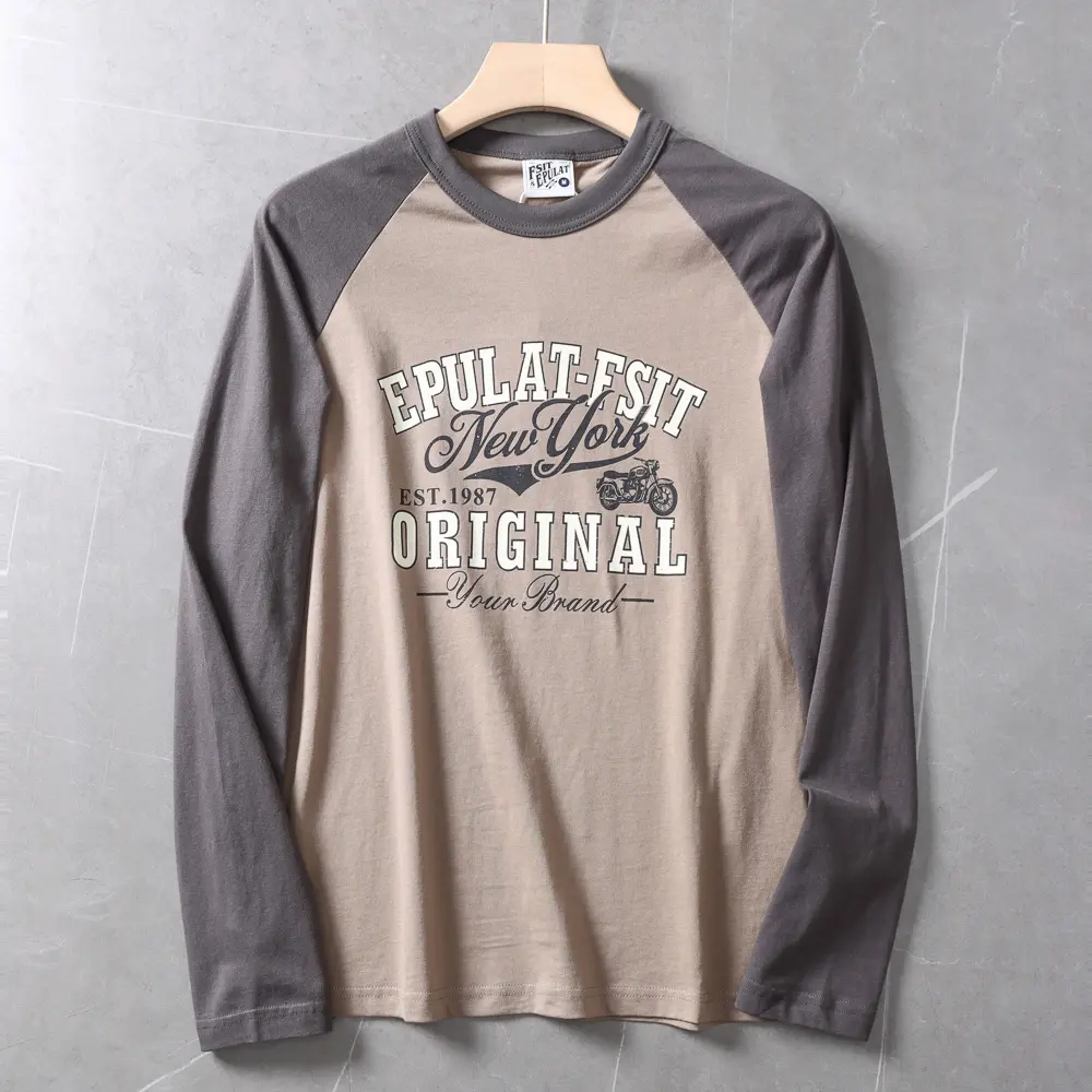 Autumn New American Retro Long Sleeve O-neck Letter Motorcycle Print T-shirt Men's Fashion 100% Cotton Washed Casual Sport Tops
