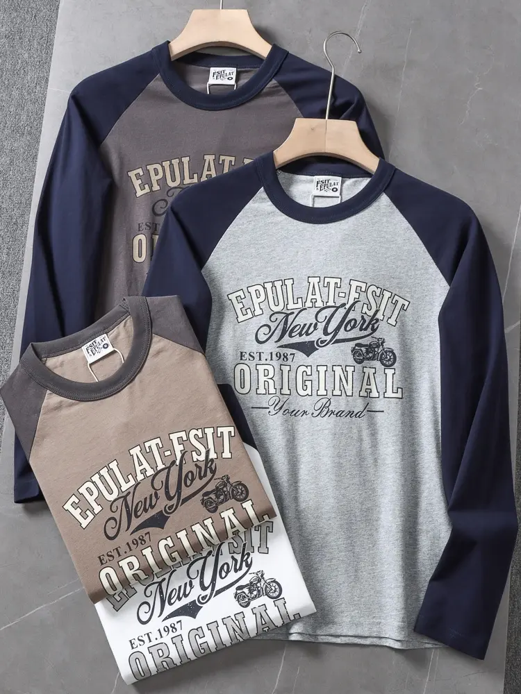 Autumn New American Retro Long Sleeve O-neck Letter Motorcycle Print T-shirt Men's Fashion 100% Cotton Washed Casual Sport Tops