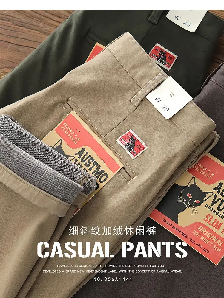 2024 Winter American Retro Woven Twill Thickened Cargo Pants with Velvet Men's Simple 97% Cotton Casual Slim Straight Trousers