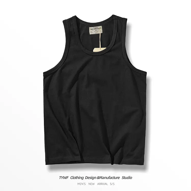 Summer American 230g Heightweight Sleeveless O-neck Solid Color T-shirt Men's 100% Cotton Washed Casual Sports Fitness Vest Tops