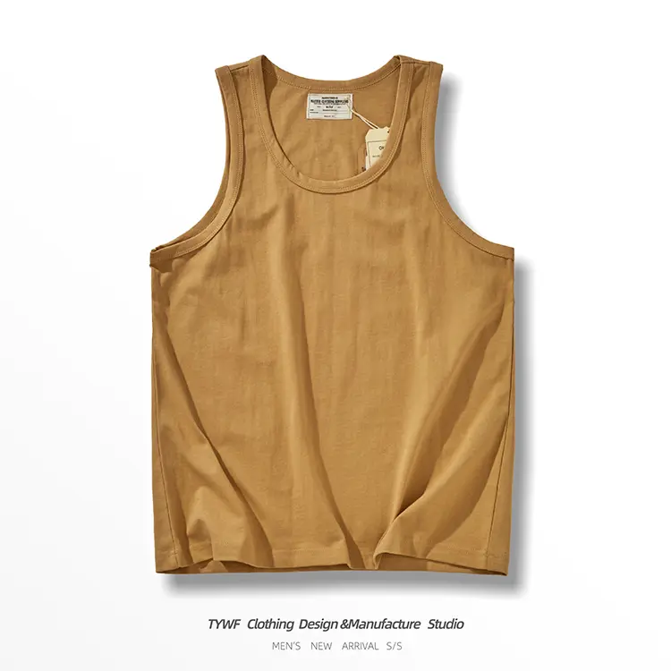 Summer American 230g Heightweight Sleeveless O-neck Solid Color T-shirt Men's 100% Cotton Washed Casual Sports Fitness Vest Tops
