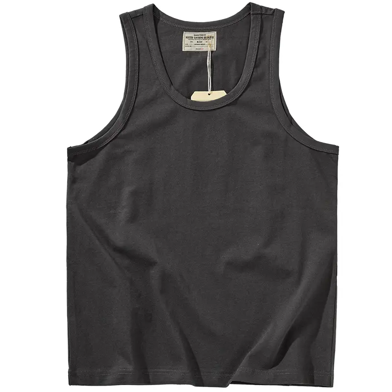 Summer American 230g Heightweight Sleeveless O-neck Solid Color T-shirt Men's 100% Cotton Washed Casual Sports Fitness Vest Tops