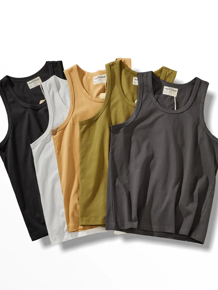 Summer American 230g Heightweight Sleeveless O-neck Solid Color T-shirt Men's 100% Cotton Washed Casual Sports Fitness Vest Tops