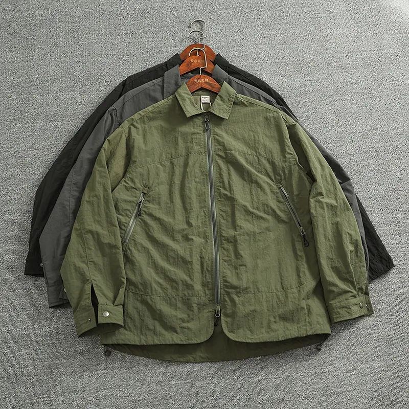 Y1# Autumn New American Retro Long Sleeve Lapel Solid Color Cargo Jacket Men's 100% Nylon Loose Casual Functional Outdoor Coat