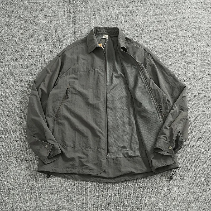 Y1# Autumn New American Retro Long Sleeve Lapel Solid Color Cargo Jacket Men's 100% Nylon Loose Casual Functional Outdoor Coat