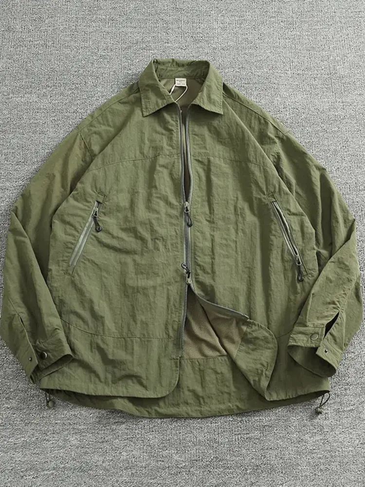 Y1# Autumn New American Retro Long Sleeve Lapel Solid Color Cargo Jacket Men's 100% Nylon Loose Casual Functional Outdoor Coat