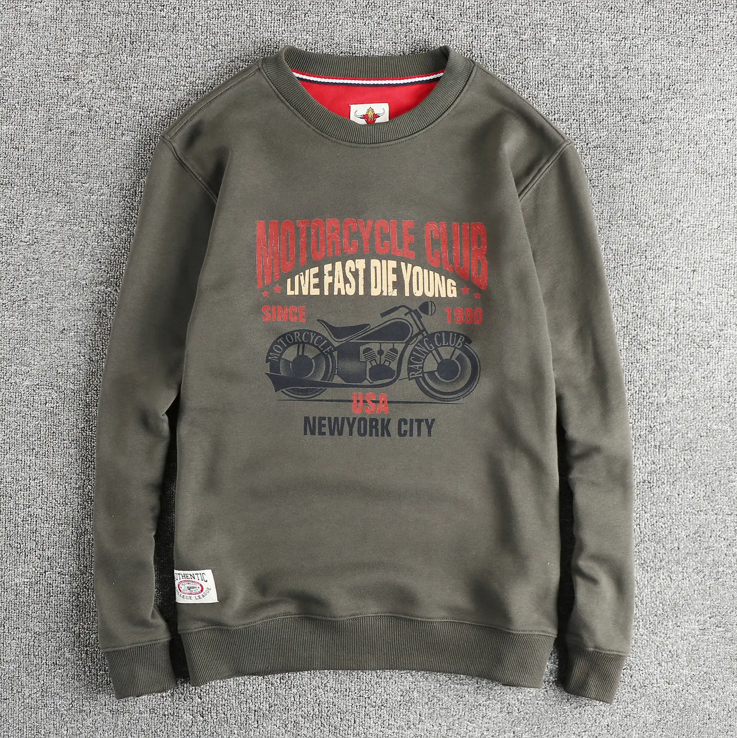 Autumn New American Retro Long Sleeve O-neck Motorcycle Printed Sweatshirts Men's Fashion Washed Terry Pullover Casual Sportwear
