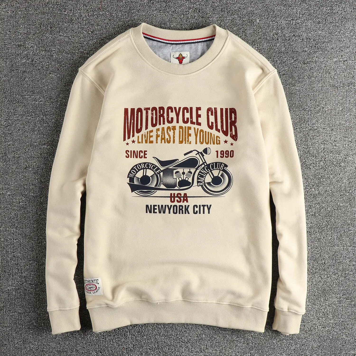 Autumn New American Retro Long Sleeve O-neck Motorcycle Printed Sweatshirts Men's Fashion Washed Terry Pullover Casual Sportwear