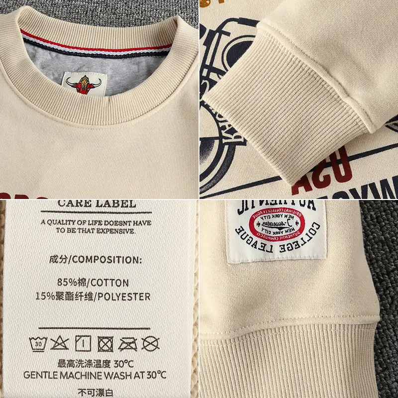 Autumn New American Retro Long Sleeve O-neck Motorcycle Printed Sweatshirts Men's Fashion Washed Terry Pullover Casual Sportwear