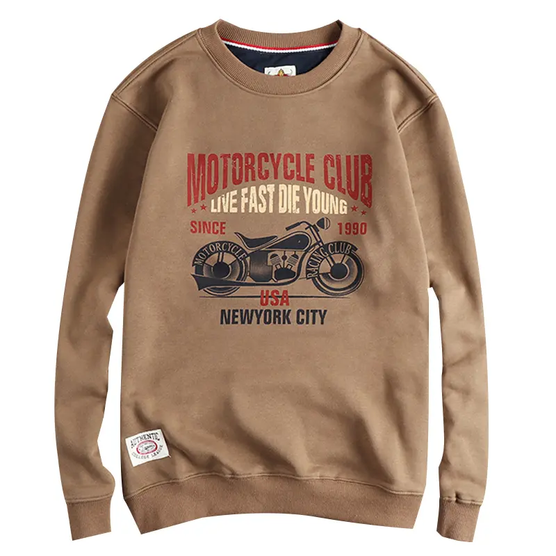 Autumn New American Retro Long Sleeve O-neck Motorcycle Printed Sweatshirts Men's Fashion Washed Terry Pullover Casual Sportwear