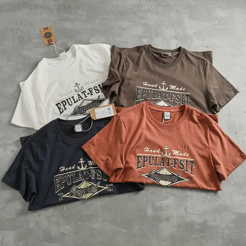 2024 Summer New American Retro Short Sleeve O-neck Letter Anchor Printed T-shirt Men's Simple 100% Cotton Washed Casual Tops