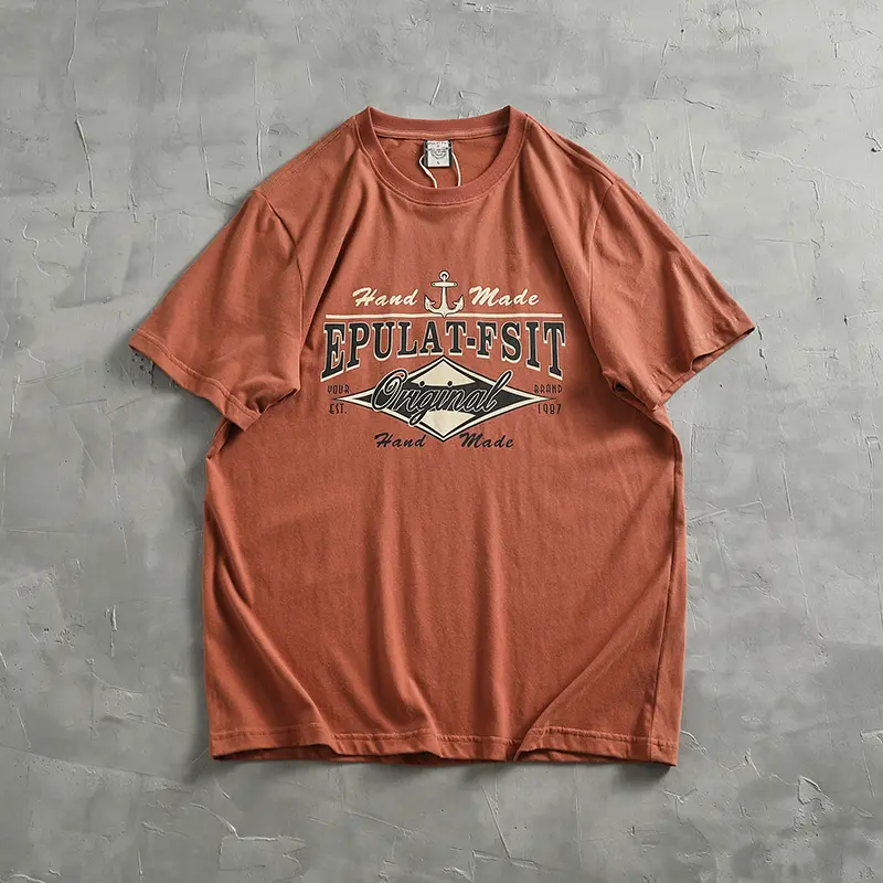2024 Summer New American Retro Short Sleeve O-neck Letter Anchor Printed T-shirt Men's Simple 100% Cotton Washed Casual Tops